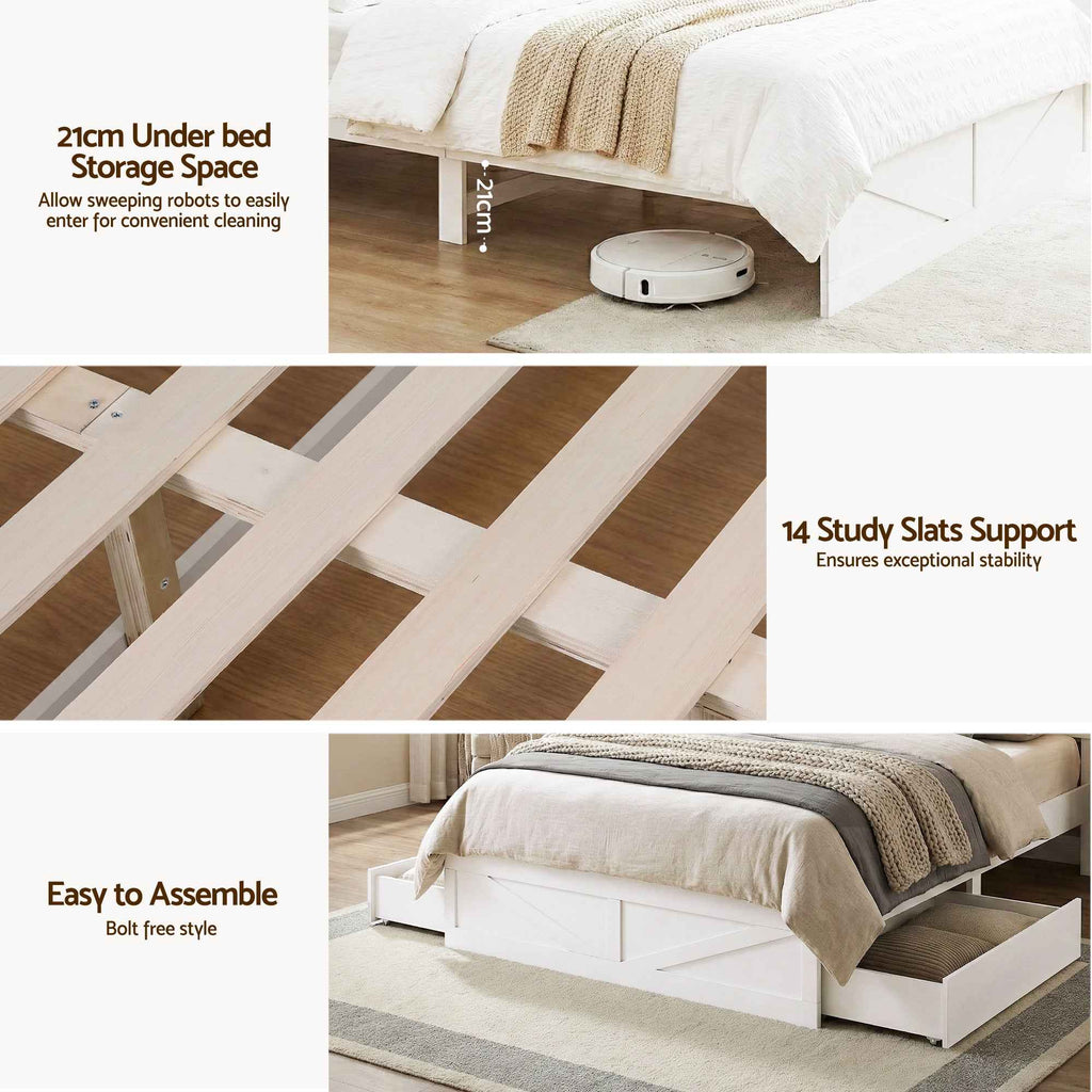 Artiss Double Bed Frame with Storage Drawers White Platform Bedframe with Bookcase Headboard Charging Station Led Light