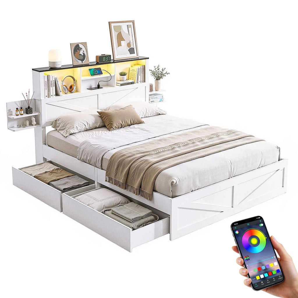 Artiss Double Bed Frame with Storage Drawers White Platform Bedframe with Bookcase Headboard Charging Station Led Light