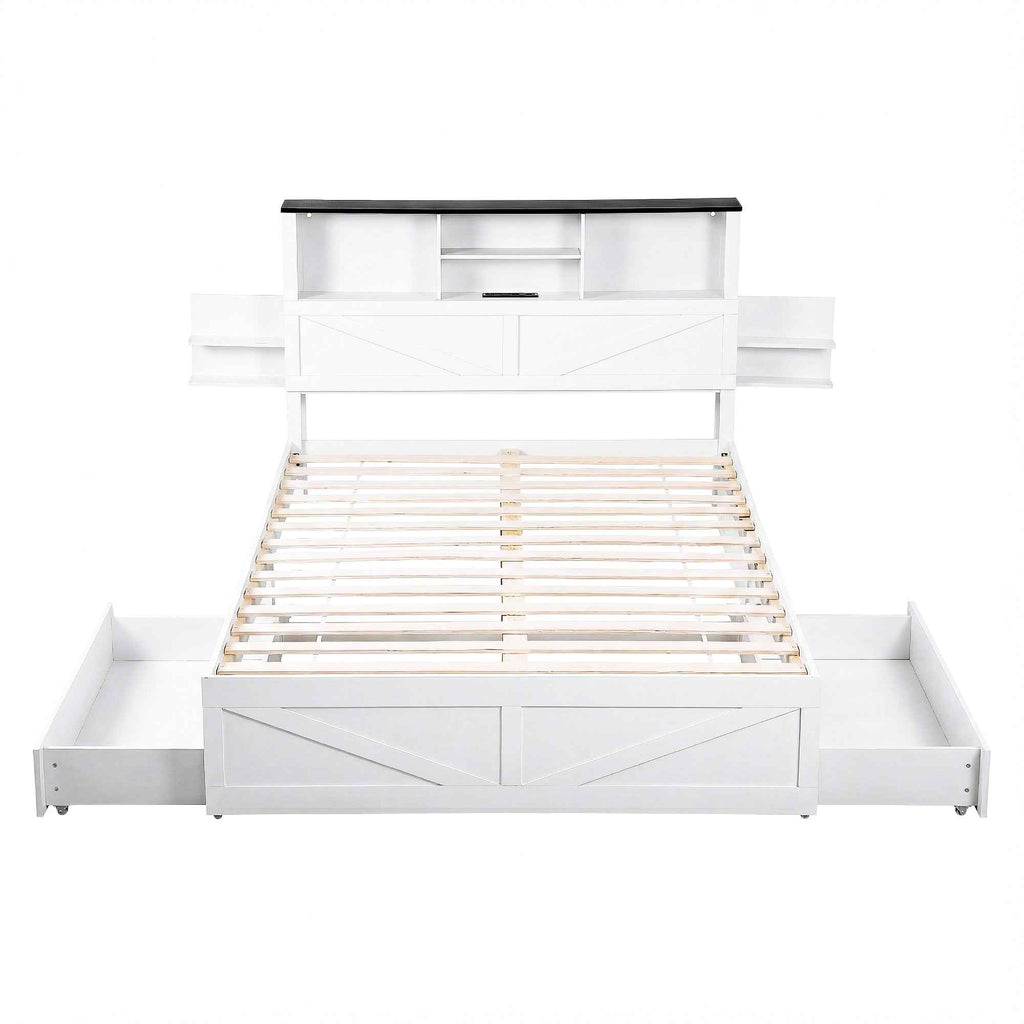 Artiss Queen Bed Frame with Storage Drawers White Platform Bedframe with Bookcase Headboard Charging Station Led Light