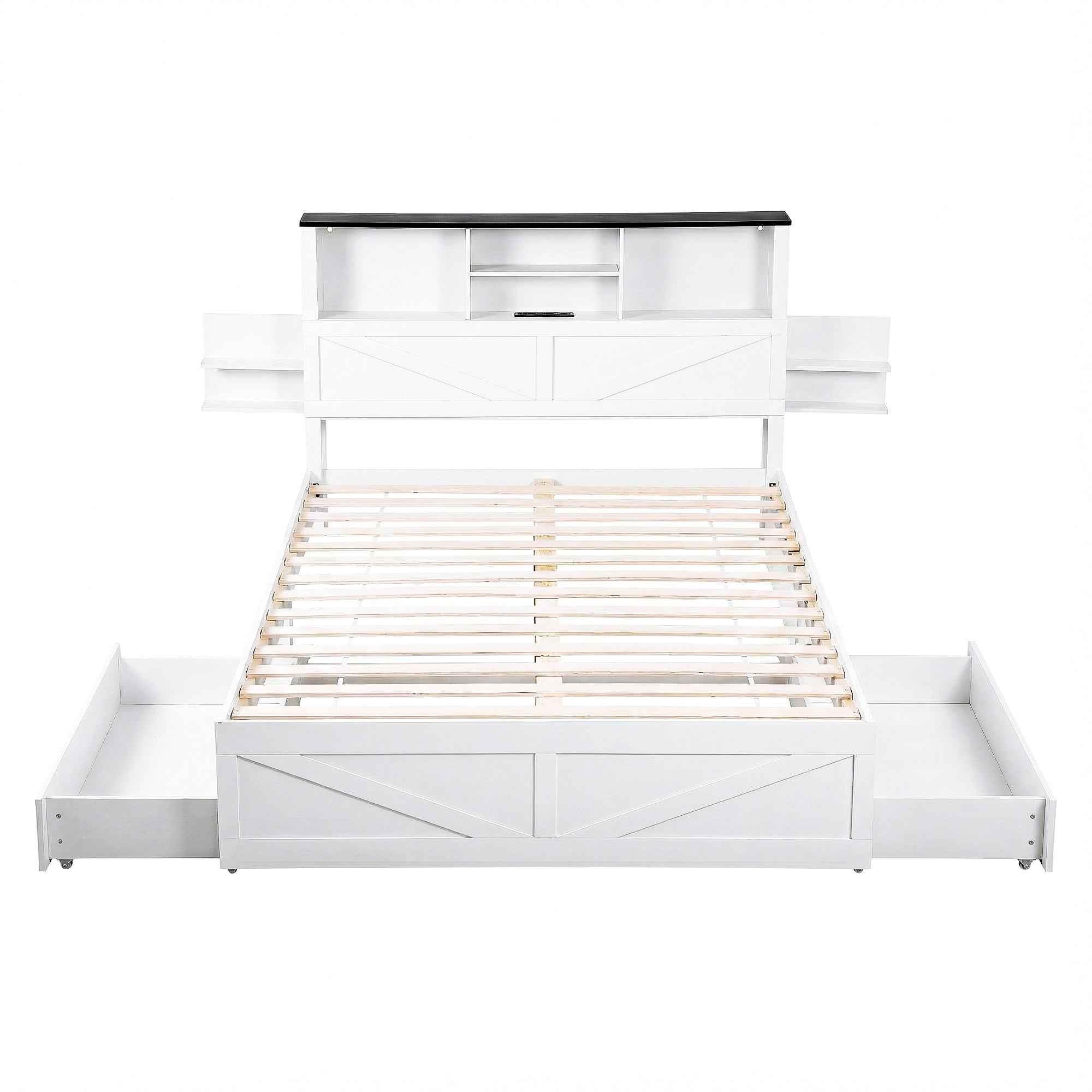 Artiss Queen Bed Frame with Storage Drawers White Platform Bedframe with Bookcase Headboard Charging Station Led Light