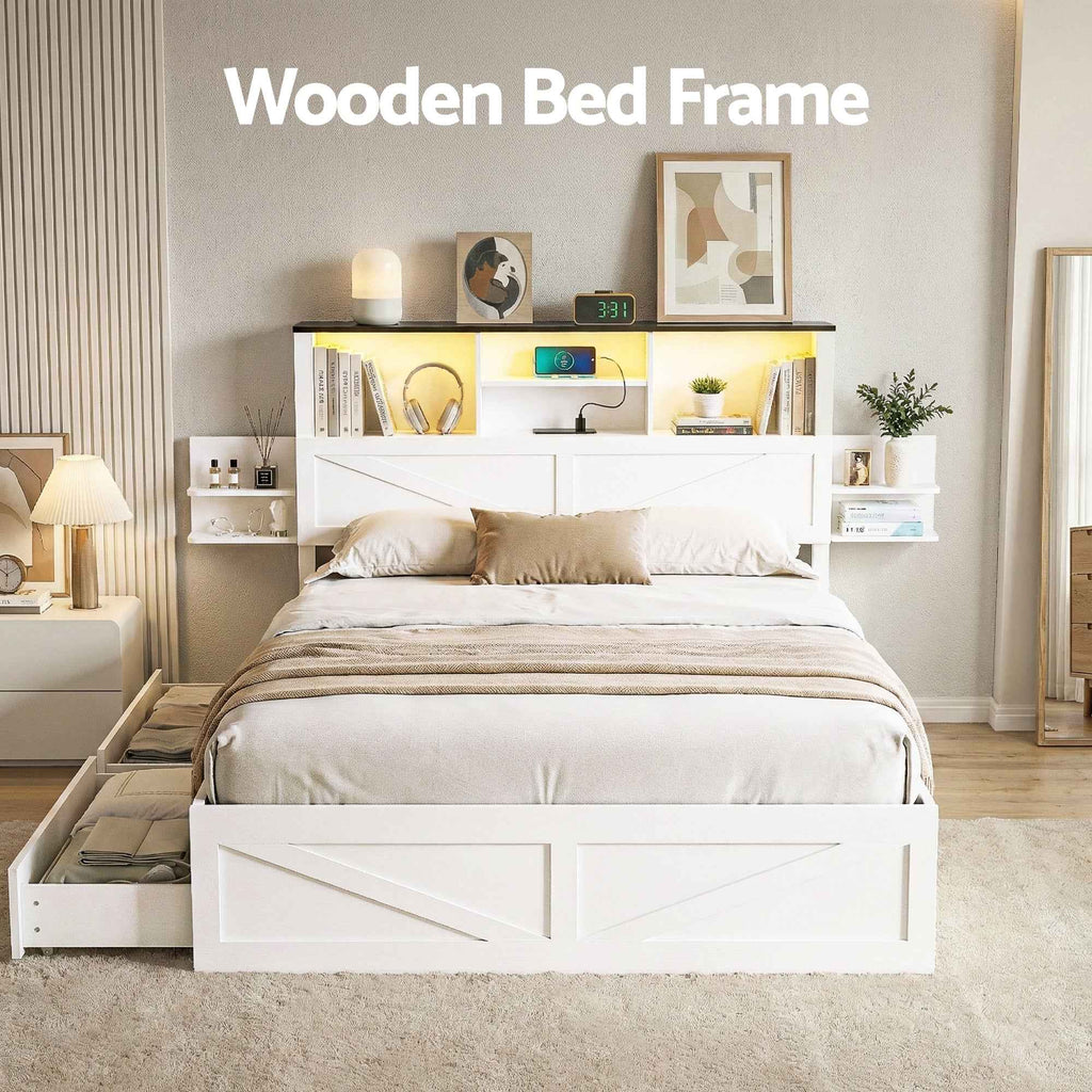 Artiss Queen Bed Frame with Storage Drawers White Platform Bedframe with Bookcase Headboard Charging Station Led Light