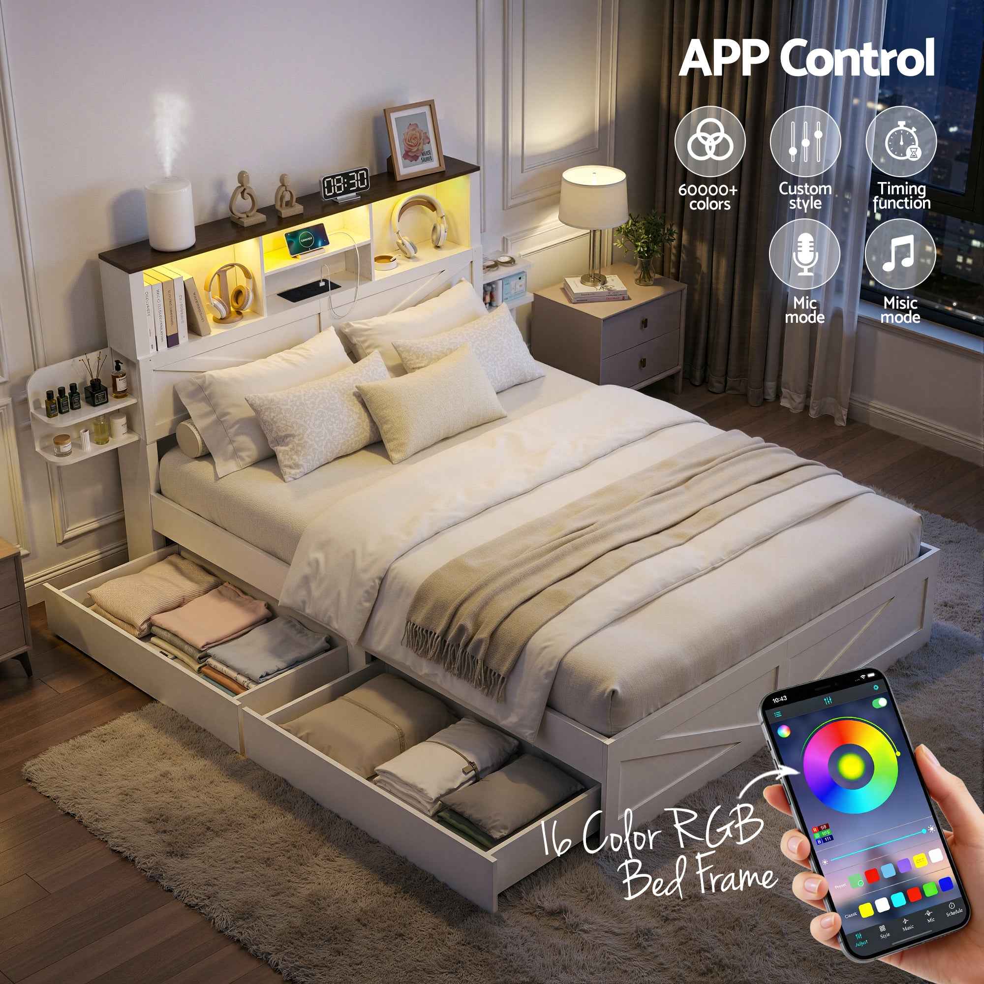 Artiss Queen Bed Frame with Storage Drawers White Platform Bedframe with Bookcase Headboard Charging Station Led Light