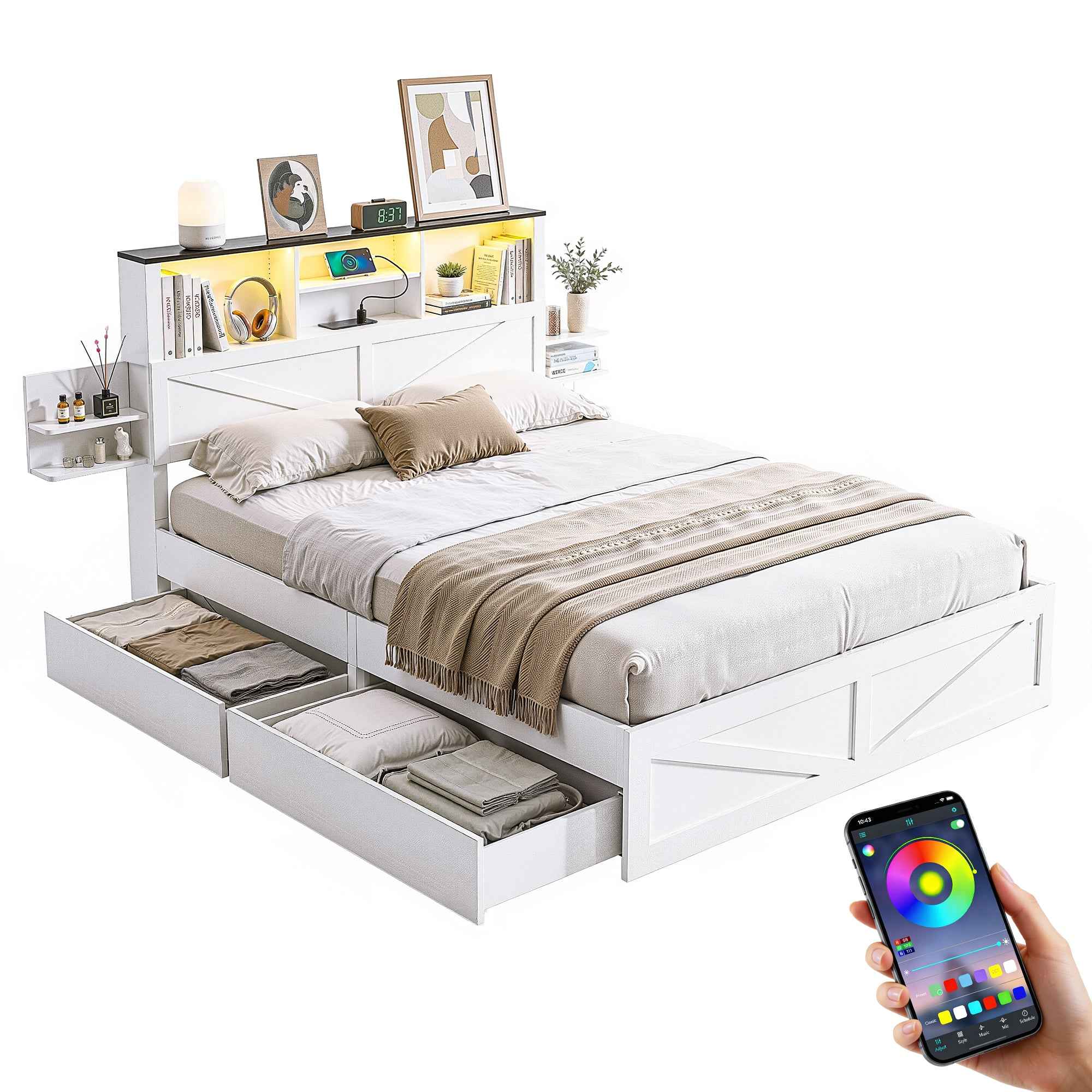 Artiss Queen Bed Frame with Storage Drawers White Platform Bedframe with Bookcase Headboard Charging Station Led Light