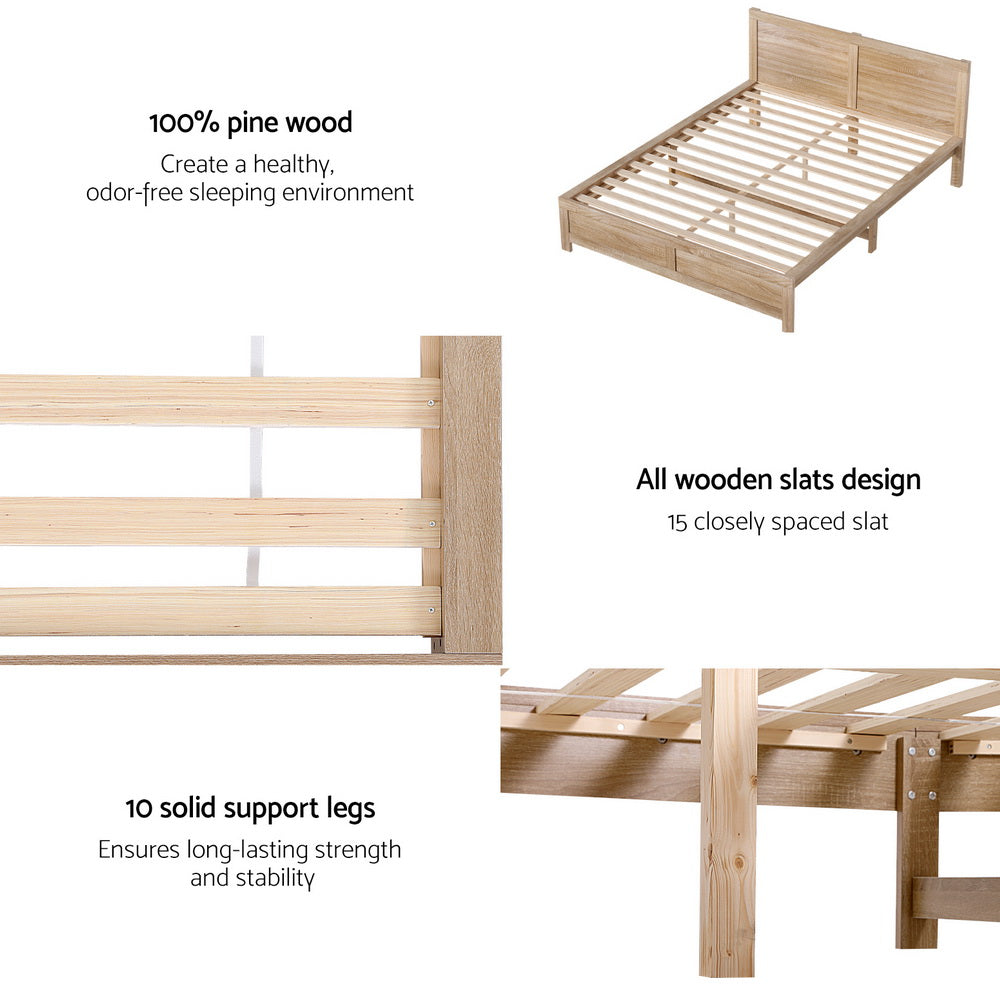 Artiss Bed Frame Queen Size Wooden Acacia Wood OATMEAL - YDS.com.au