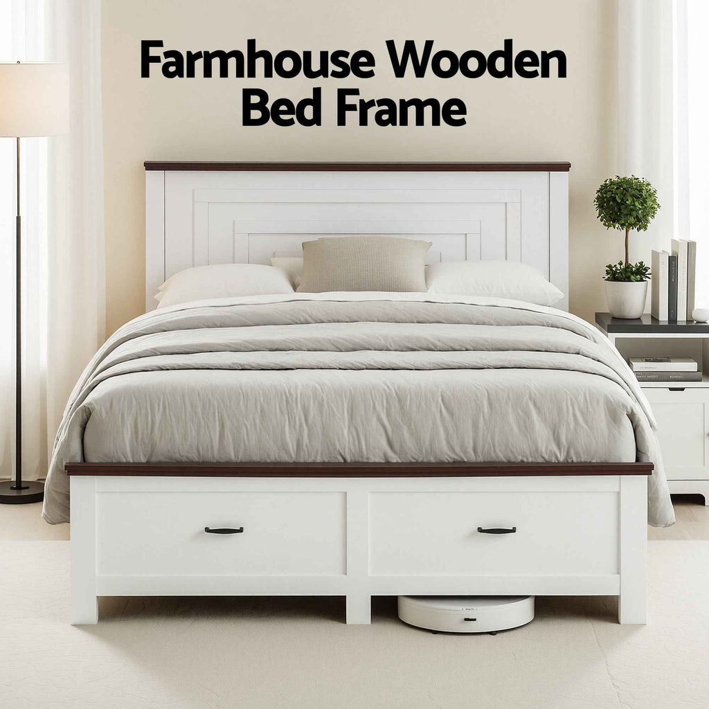 Artiss Double Wooden Bed Frame with 2 Drawer Platform Bed with 108cm Solid High Headboard White Bed Base for Bedroom Easy Assembly