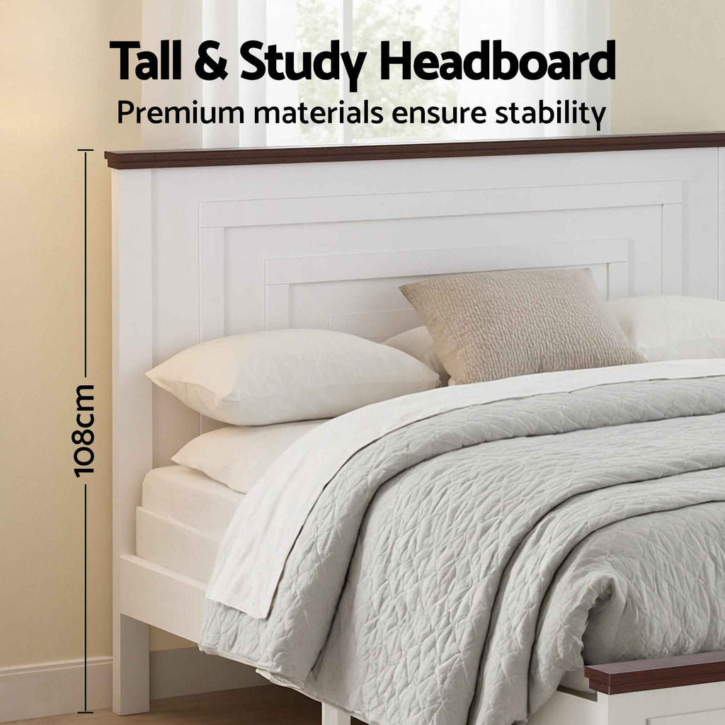 Artiss Double Wooden Bed Frame with 2 Drawer Platform Bed with 108cm Solid High Headboard White Bed Base for Bedroom Easy Assembly