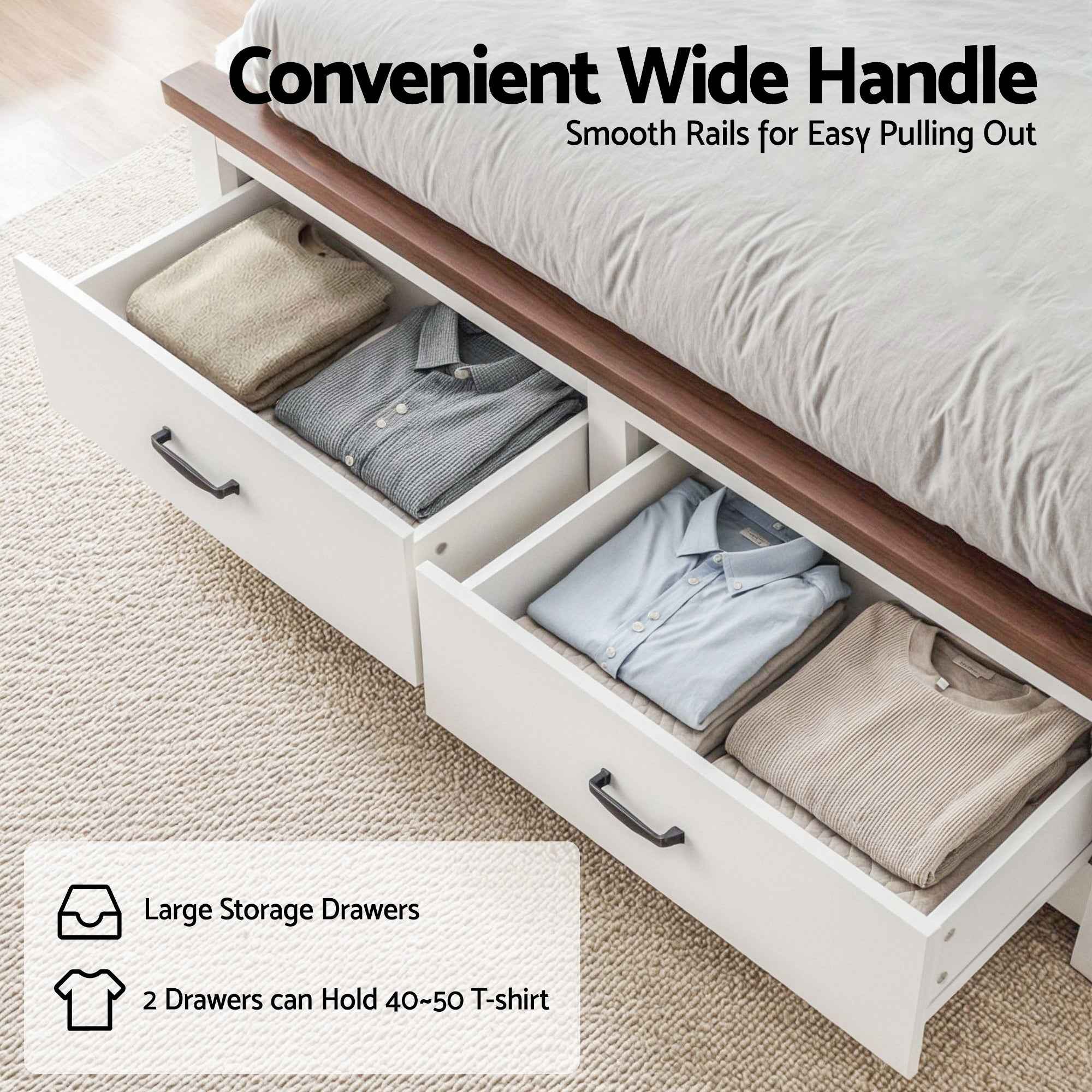 Artiss Double Wooden Bed Frame with 2 Drawer Platform Bed with 108cm Solid High Headboard White Bed Base for Bedroom Easy Assembly