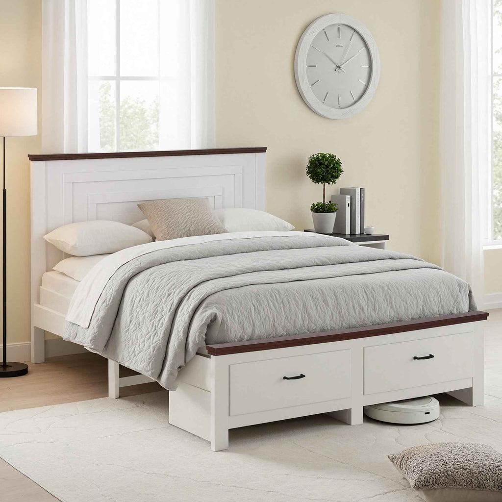 Artiss Queen Wooden Bed Frame with 2 Drawer Platform Bed with 108cm Solid High Headboard White Bed Base for Bedroom Easy Assembly