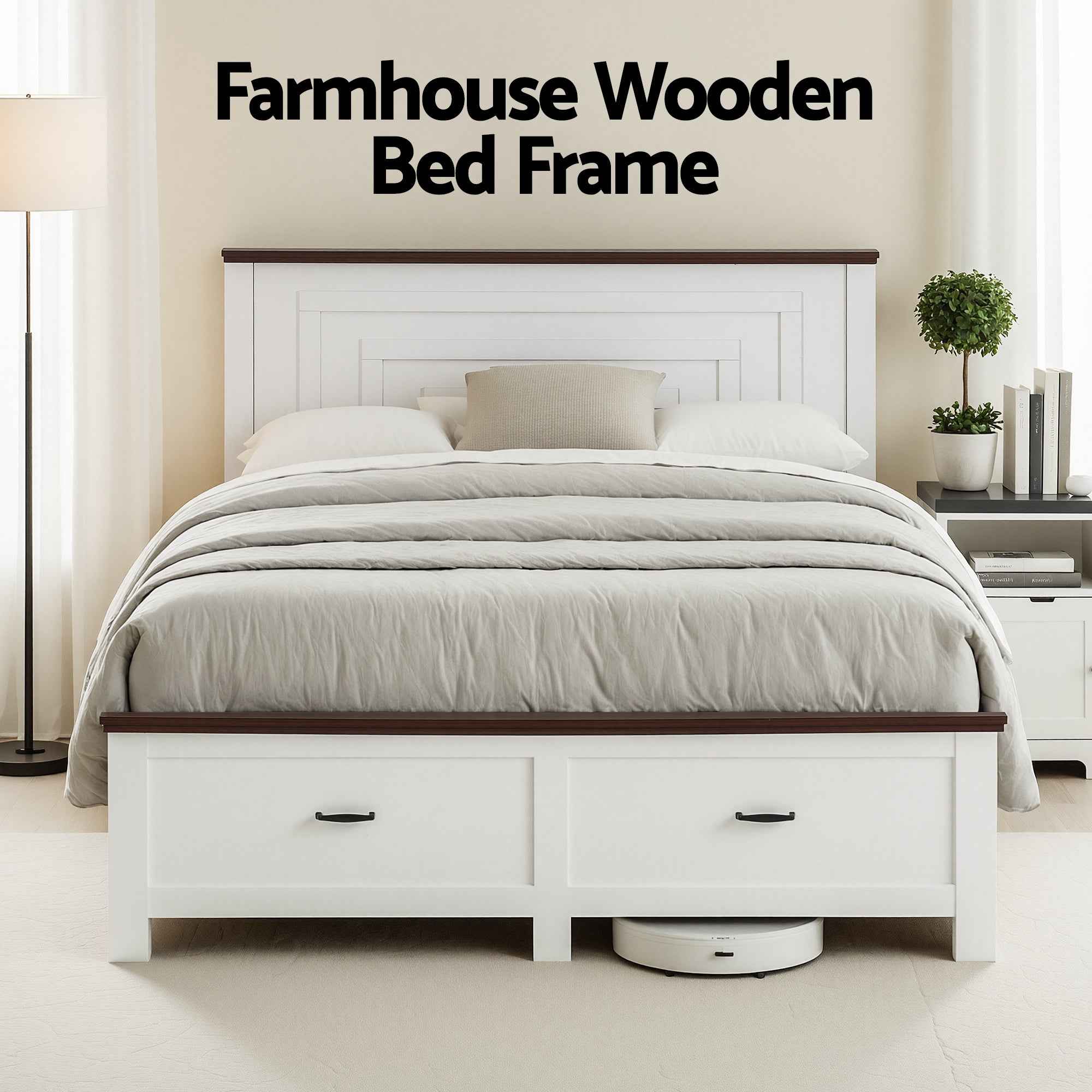 Artiss Queen Wooden Bed Frame with 2 Drawer Platform Bed with 108cm Solid High Headboard White Bed Base for Bedroom Easy Assembly