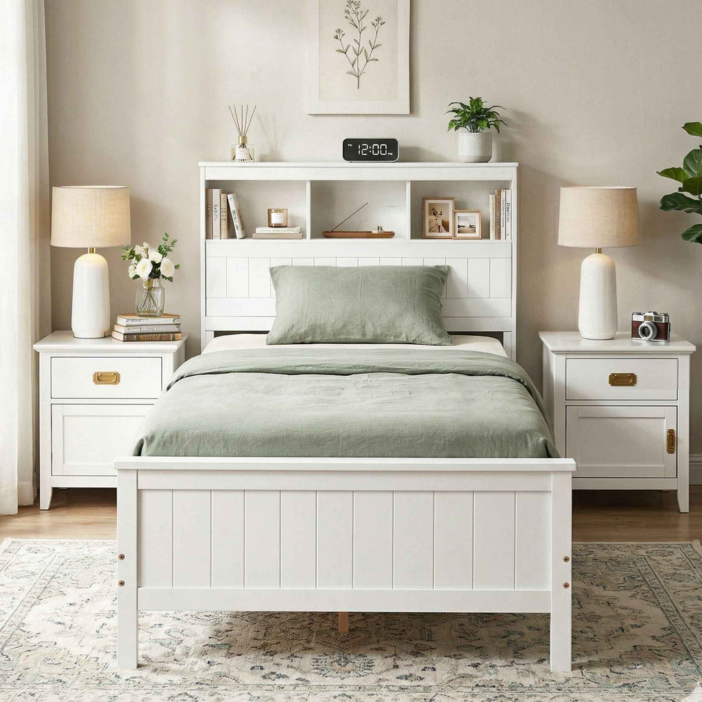 Artiss Single Bed Frame with Storage Headboard and Footboard Wooden Bed Base White