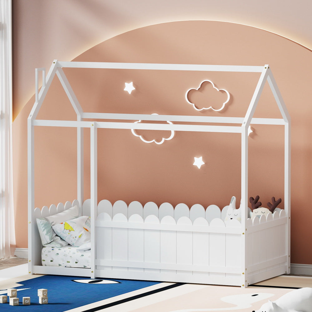 Artiss Bed Frame Wooden Kids House Single Frame White KORI - YDS.com.au