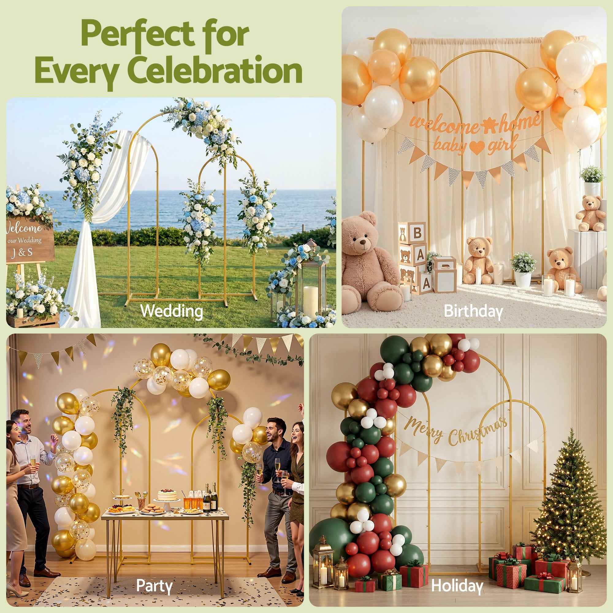 Wedding Arch Backdrop Stand Set of 3 Gold Metal Wedding Arched Frame, Easy to Assemble, Stable Balloon Arch Standfor Wedding, Baby Shower, Party Decoration