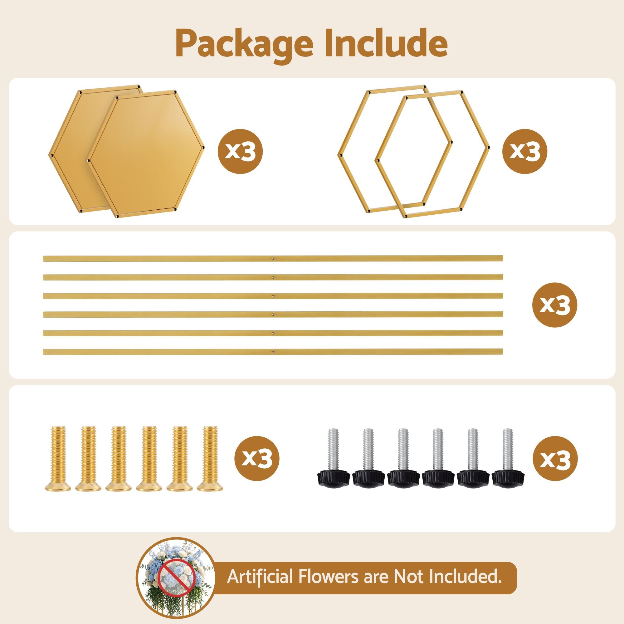 3Pcs Wedding Backdrop Pedestal Stand Gold Metal Hexagon Wedding Frame Plinth Pillars Table