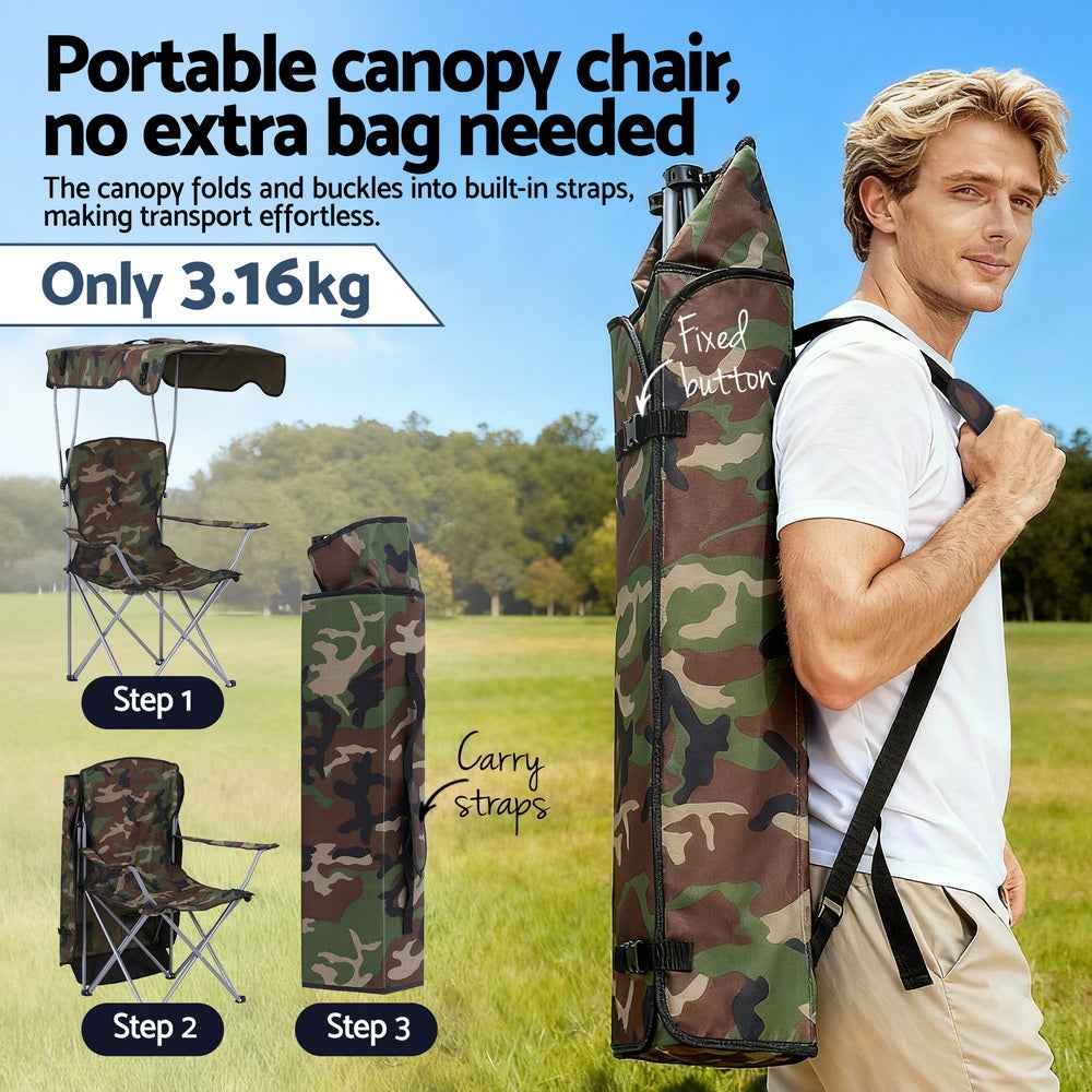Weisshorn Camping Chair With Canopy Folding Outdoor Portable Seat Lightweight Beach Picnic Fishing Capacity 120KG Army Green
