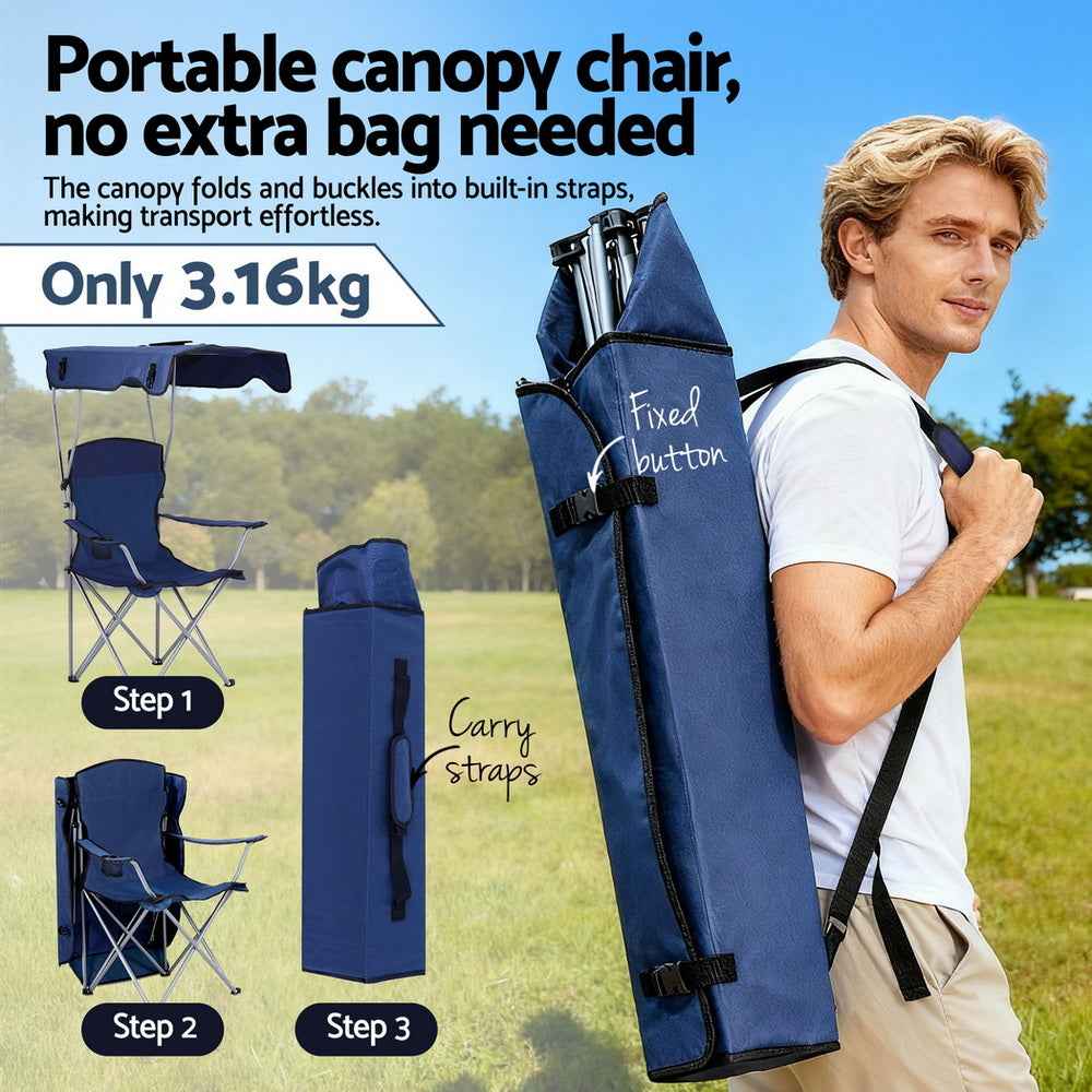 Weisshorn Camping Chair With Canopy Folding Outdoor Portable Seat Lightweight Beach Picnic Fishing Capacity 120KG Navy Blue