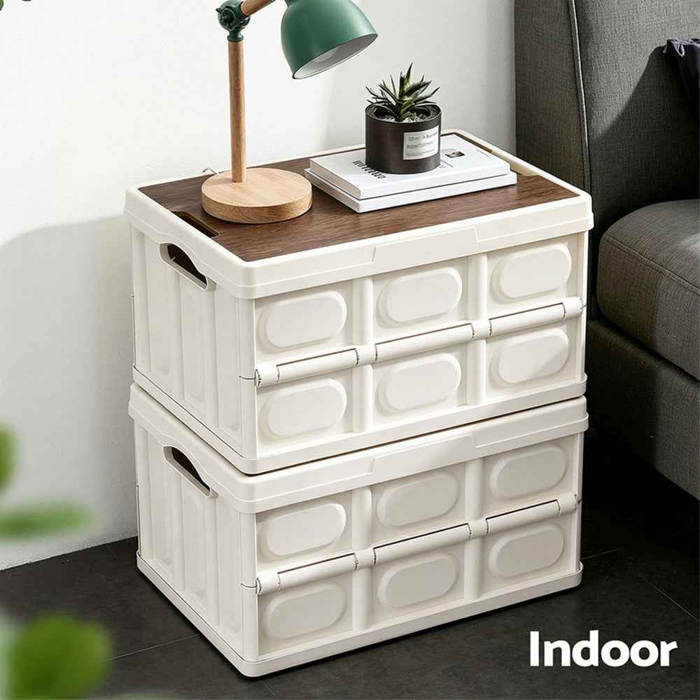 Gardeon Collapsible Outdoor Storage Box 50L Stackable Folding Camping Organizer Plywood Lid Beige