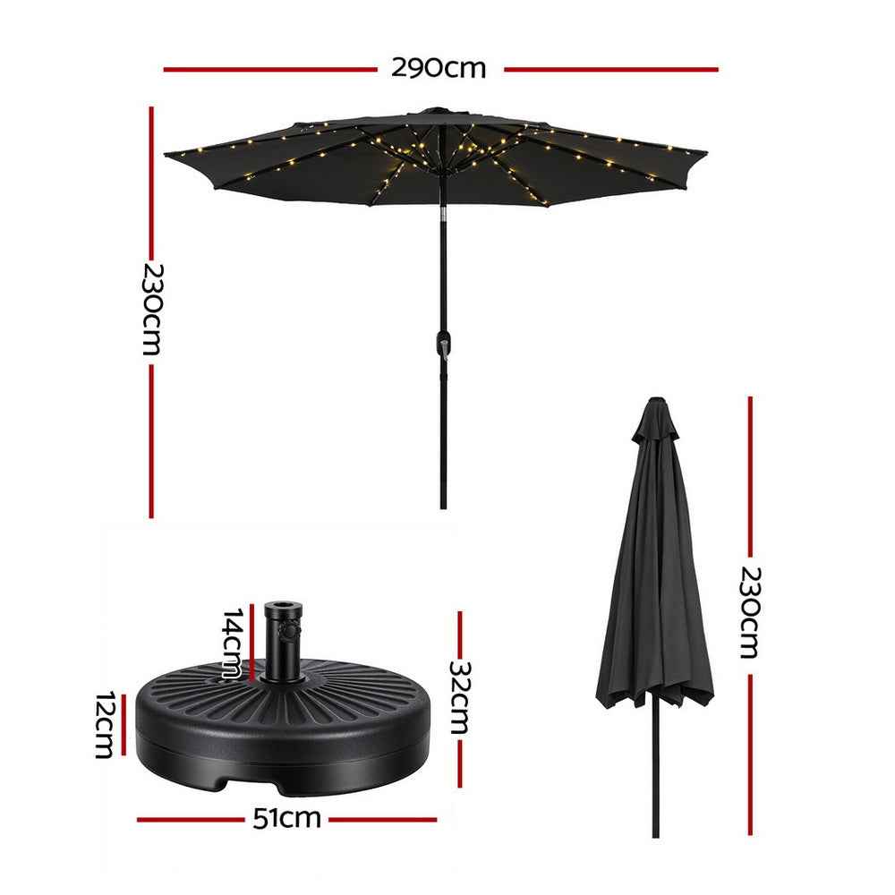 Instahut Outdoor Umbrella 2.9m Market Umbrella with Base String Light Black