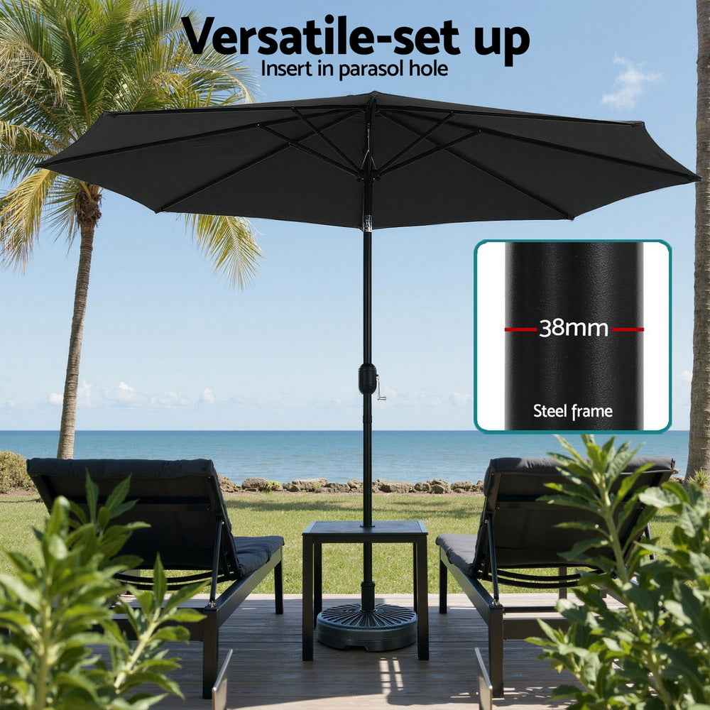 Instahut Outdoor Umbrella 2.9m Market Umbrella with Base String Light Black