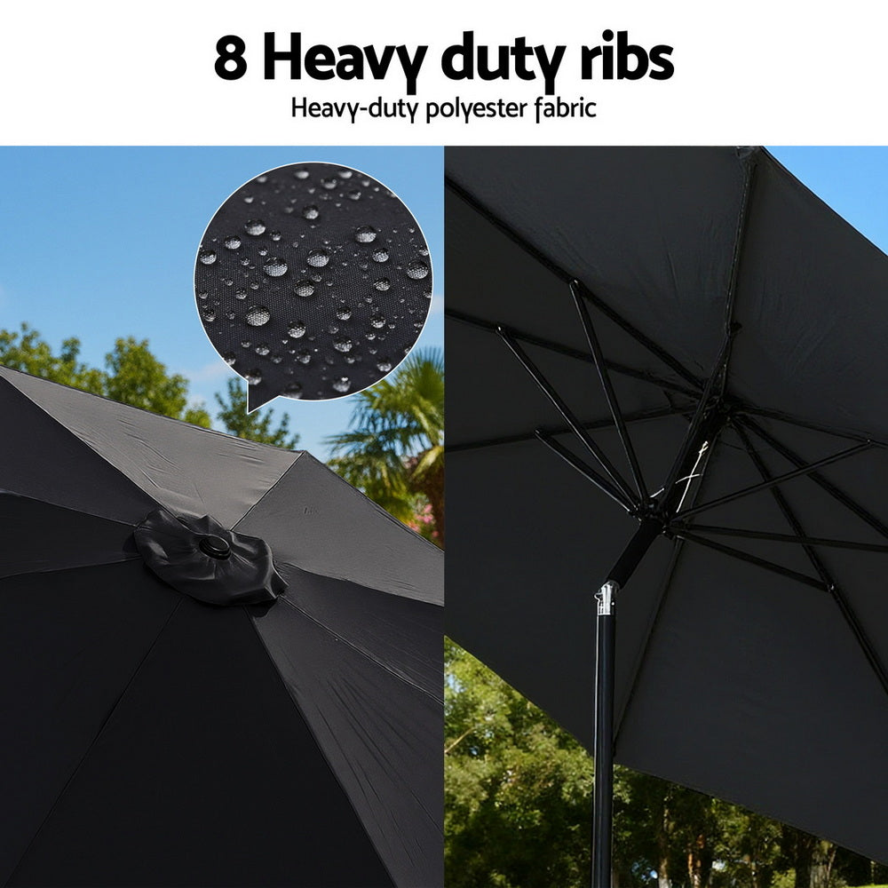 Instahut Outdoor Umbrella 2.9m Market Umbrella with Base String Light Black - YDS.com.au
