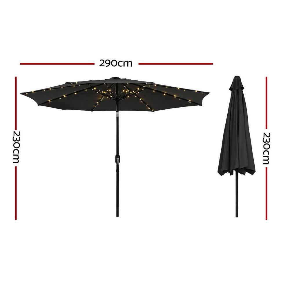 Instahut Outdoor Umbrella 2.9m Market Umbrella with String Light Tilt Black