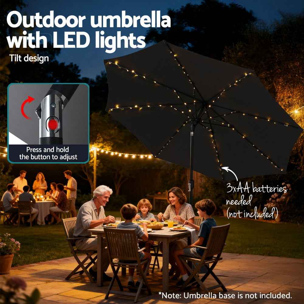 Instahut Outdoor Umbrella 2.9m Market Umbrella with String Light Tilt Black