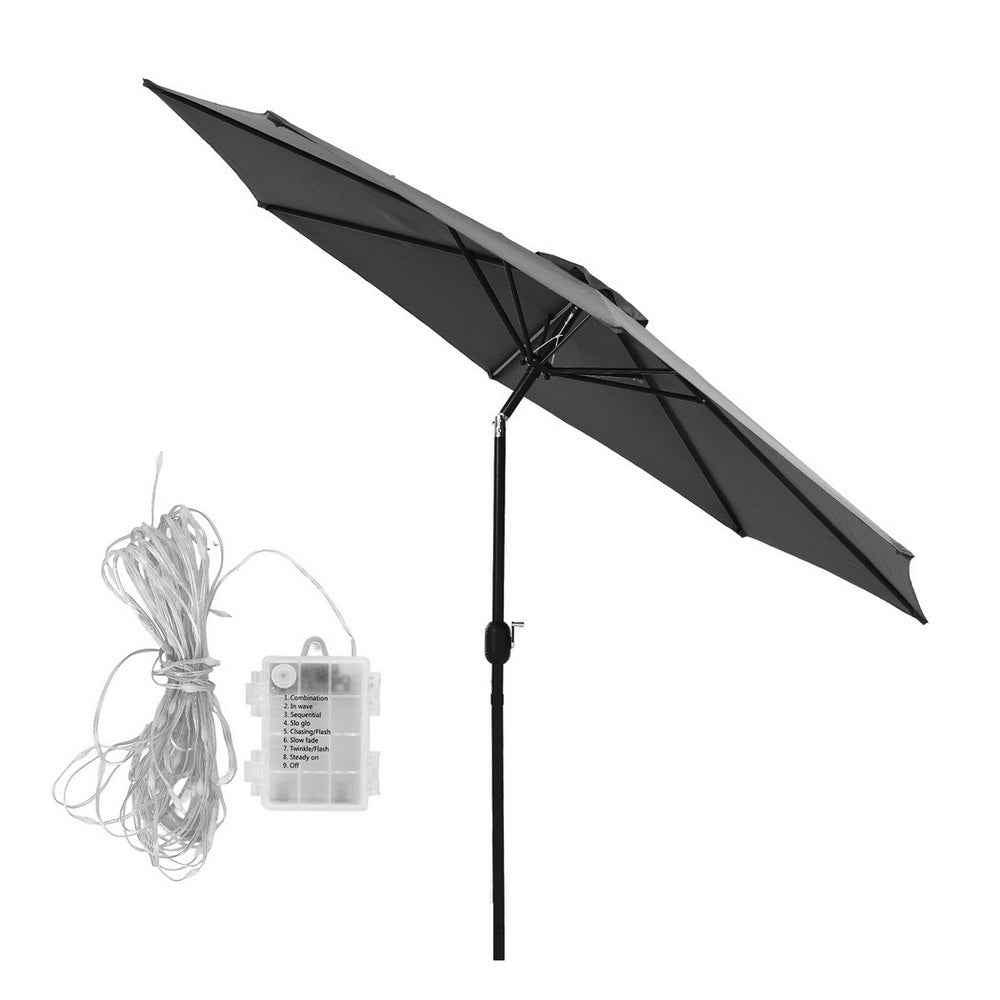 Instahut Outdoor Umbrella 2.9m Market Umbrella with String Light Tilt Charcoal Shade