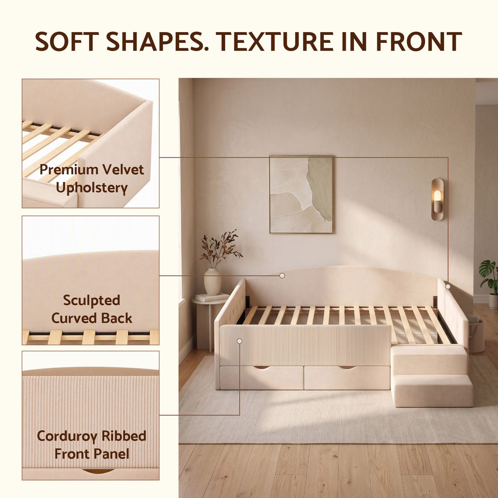 Artiss Single Upholstered Daybed with Side Stairs & Storage Drawers, Beige