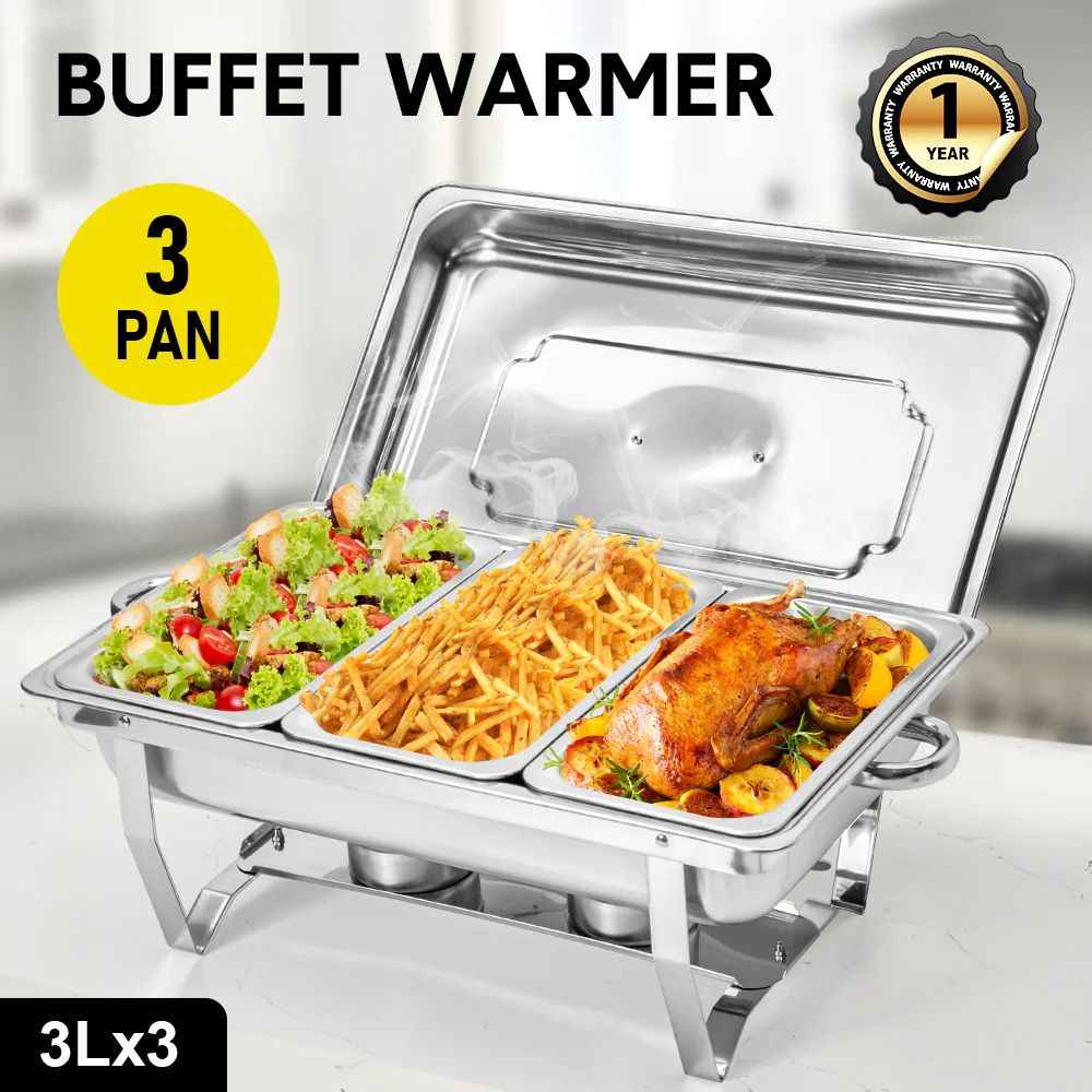 Alston 3LX3 Chafing Dish Set, Premium 410 Stainless Steel Buffet Warmer, Bain Marie Food Server with Fuel Holders & Lid, Stackable Catering Equipment for Hotels, Parties, Weddings & Banquets, Silver