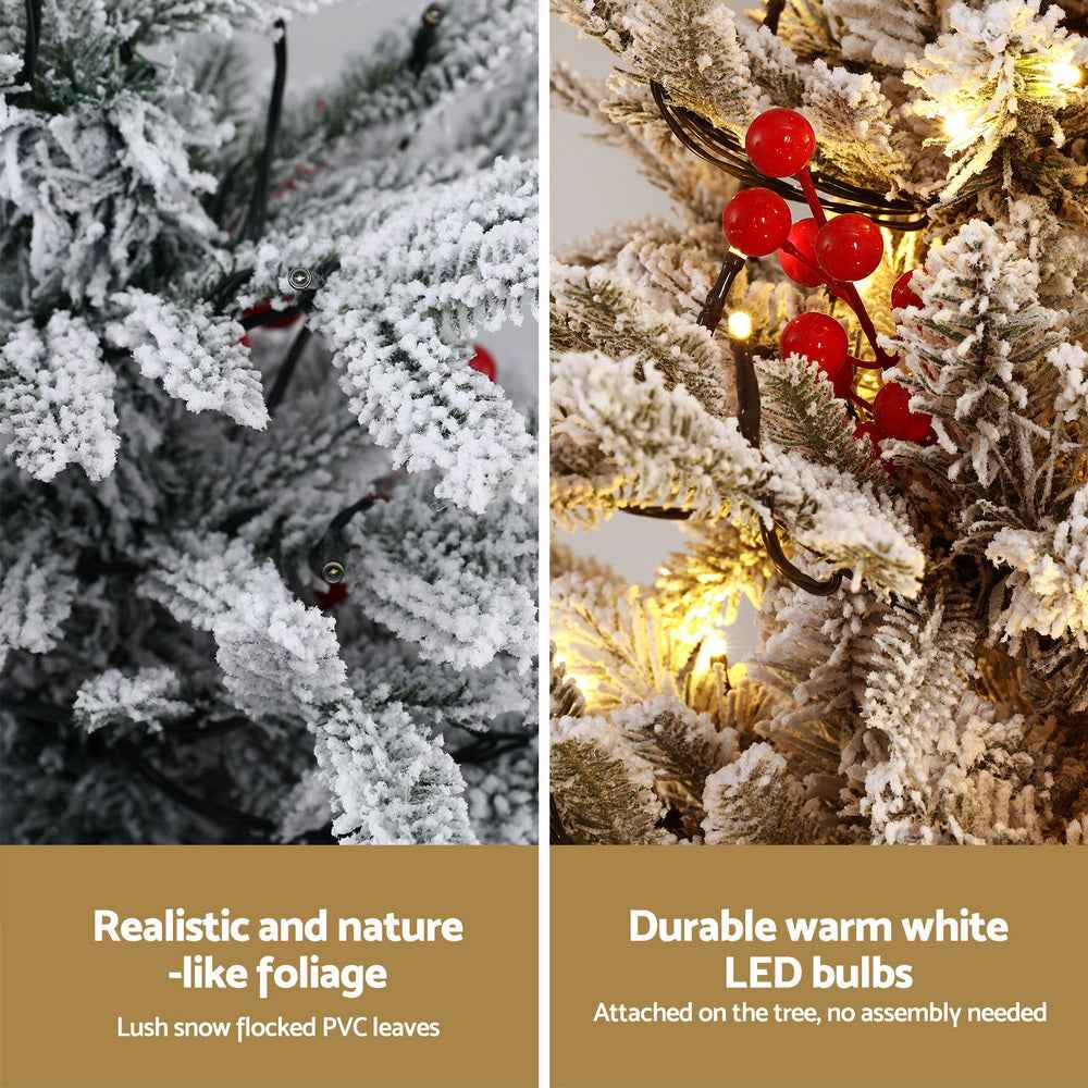 Jingle Jollys Christmas Tree 1M LED Potted Xmas Party Decor Red Barries Flocked