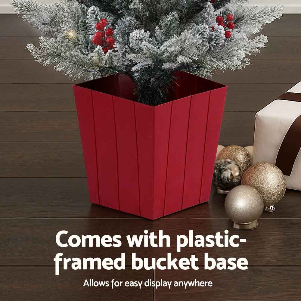 Jingle Jollys Christmas Tree 1M LED Potted Xmas Party Decor Red Barries Flocked