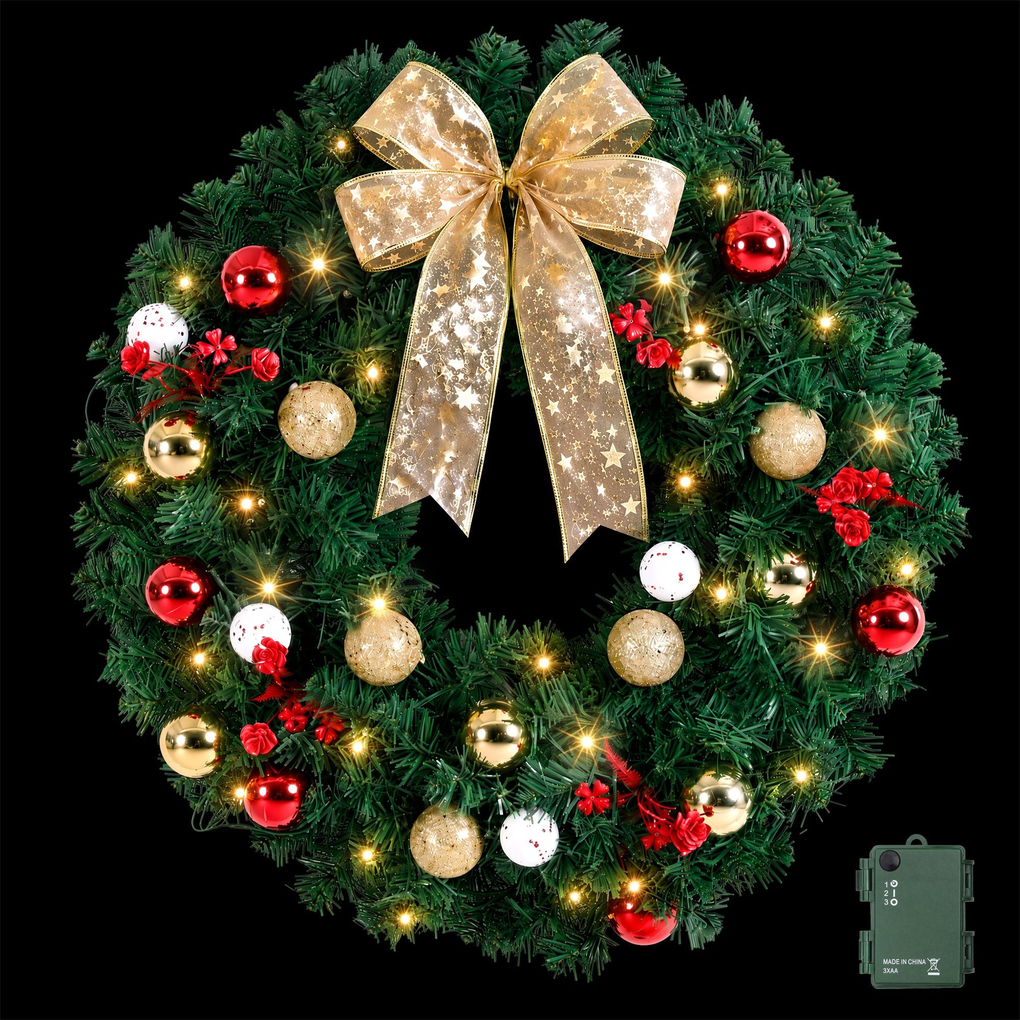Jingle Jollys Christmas Wreath 60CM LED Garland Berries Bow Baubles Xmas Decor