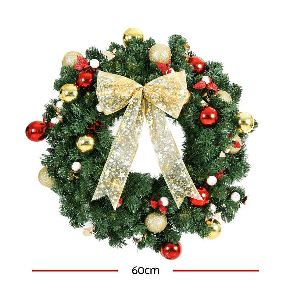 Jingle Jollys Christmas Wreath 60CM LED Garland Berries Bow Baubles Xmas Decor