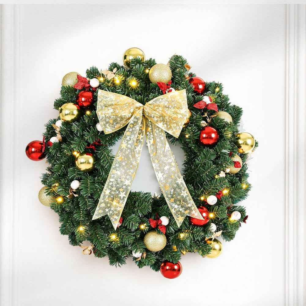 Jingle Jollys Christmas Wreath 60CM LED Garland Berries Bow Baubles Xmas Decor