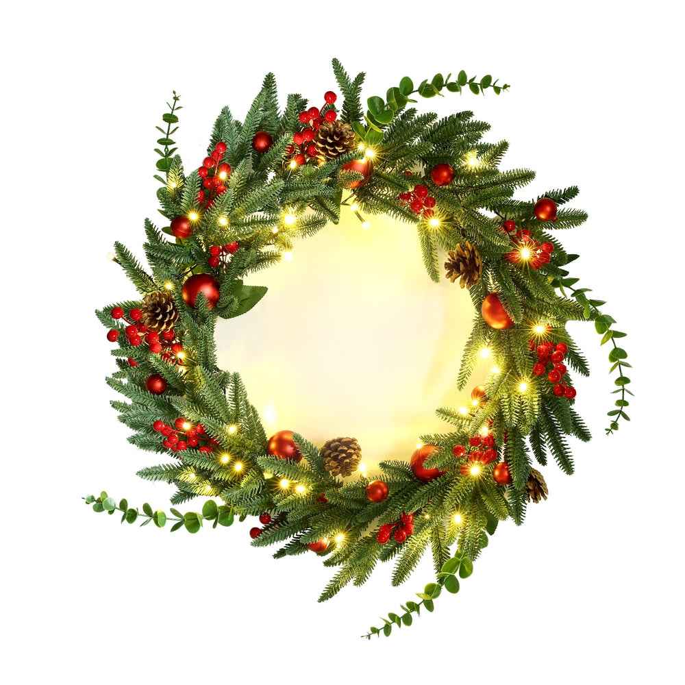 Jingle Jollys Christmas Wreath 60CM LED Garland Berries Pine Cones Party Decor