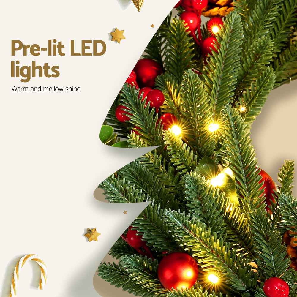 Jingle Jollys Christmas Wreath 60CM LED Garland Berries Pine Cones Party Decor