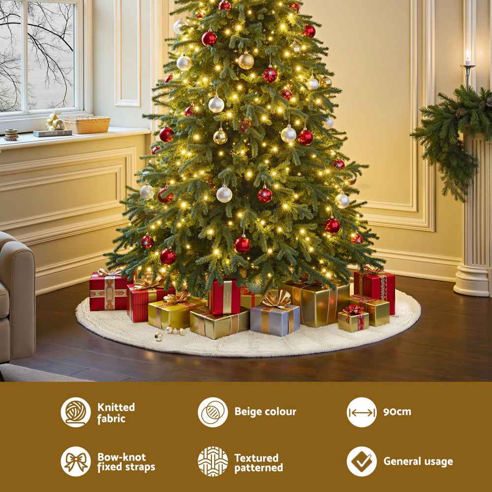 Jingle Jollys Christmas Tree Skirt 90cm Knitted Fabric Xmas Ornament Decor Beige