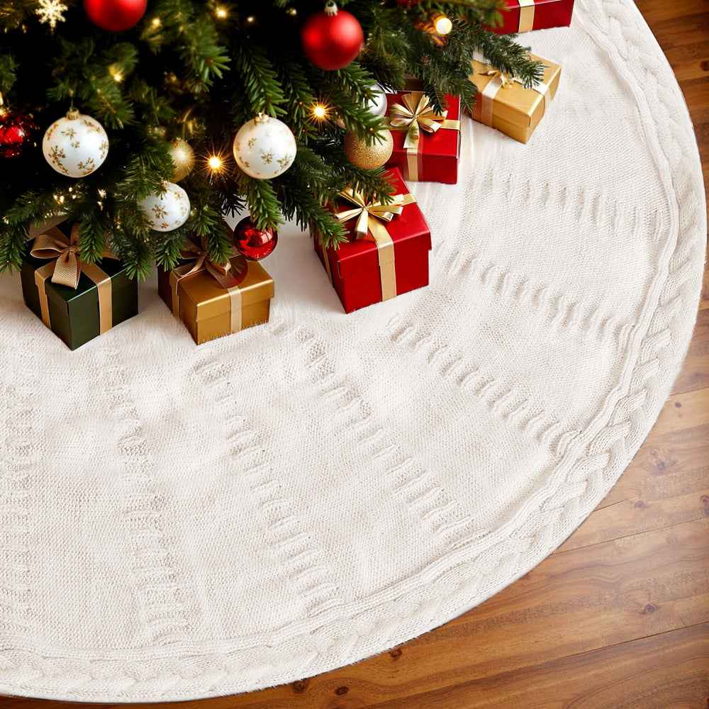 Jingle Jollys Christmas Tree Skirt 90cm Knitted Fabric Xmas Ornament Decor Beige