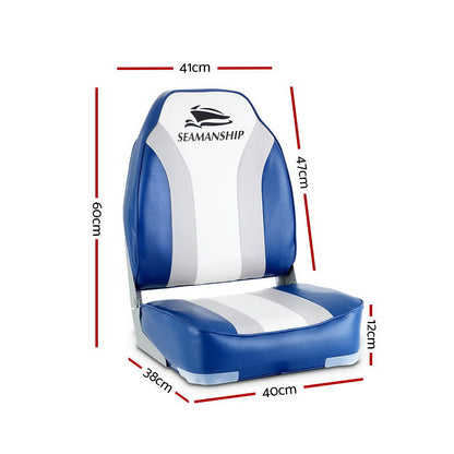 Seamanship 2X Folding Boat Seats Marine Seat Swivel High Back 12cm Padding Blue