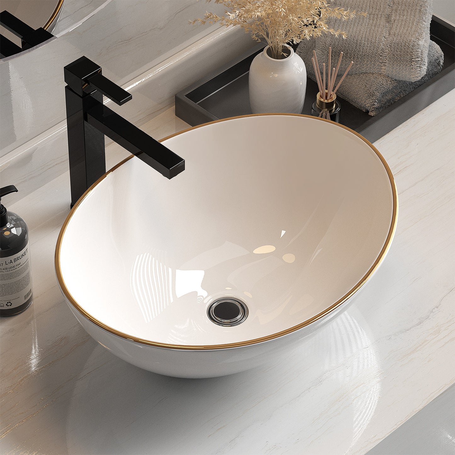 Cefito Bathroom Basin Ceramic Vanity Sink Hand Wash Bowl Gold Line 41x34cm