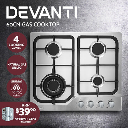 Devanti Gas Cooktop 60cm 4 Burner Silvir