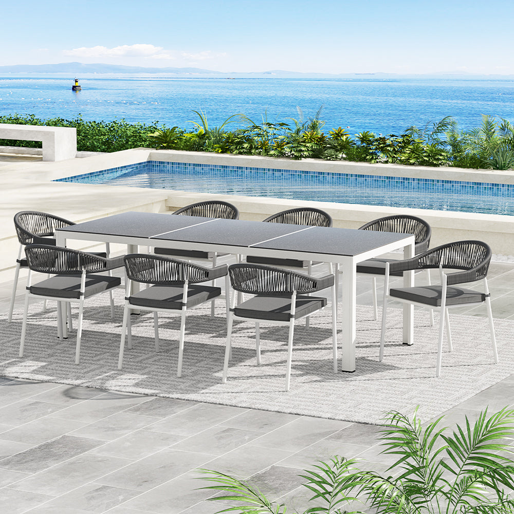 Gardeon Outdoor Dining Set 9 Piece Steel Table Chairs Setting White