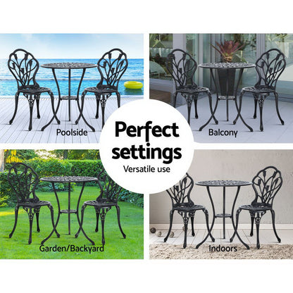 Gardeon 3PC Outdoor Setting Bistro Set Chairs Table Cast Aluminum Patio Furniture Tulip Black