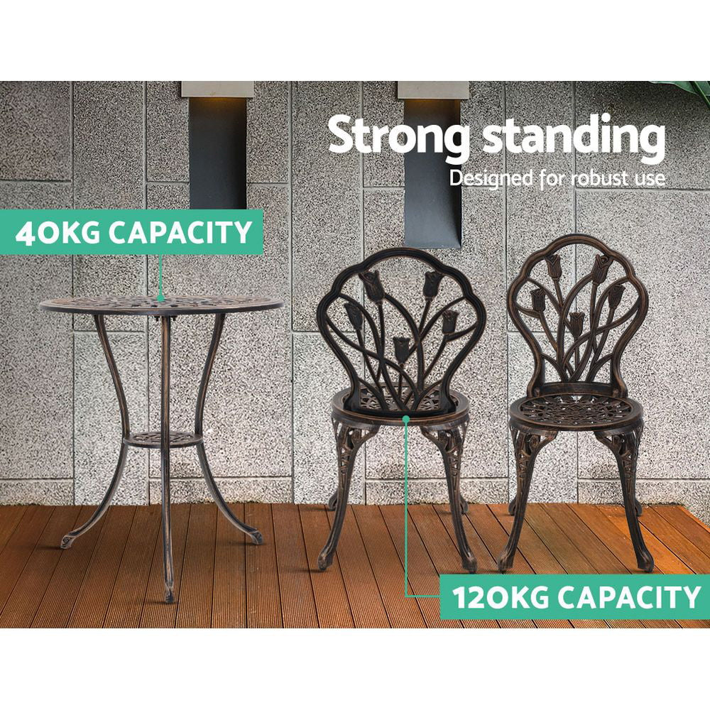 Gardeon 3PC Outdoor Setting Bistro Set Chairs Table Cast Aluminum Patio Furniture Tulip Bronze