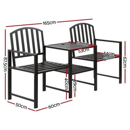 Banco de jardín para exteriores Gardeon, asiento de dos plazas, mesa de acero, sillas, muebles de patio, color negro