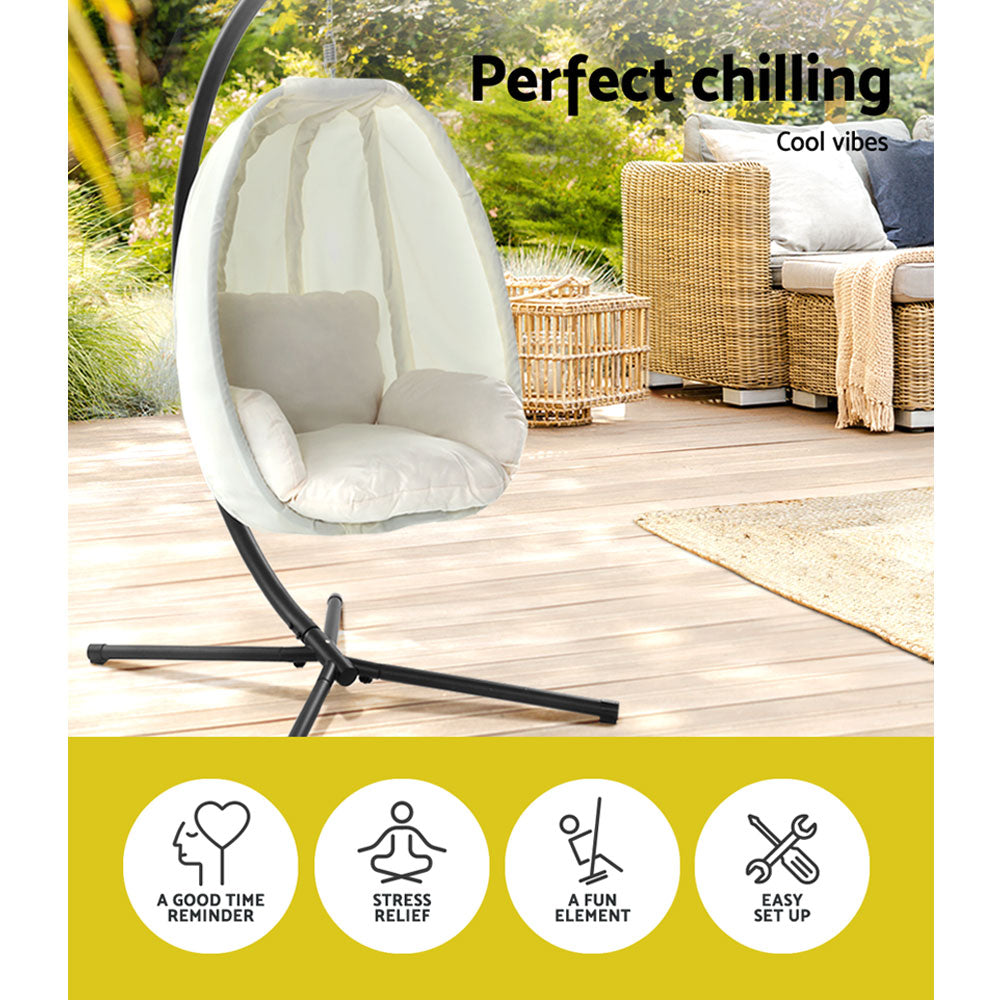 Gardeon Outdoor Egg Swing Chair Patio Furniture Pod Stand Canopy Foldable Cream