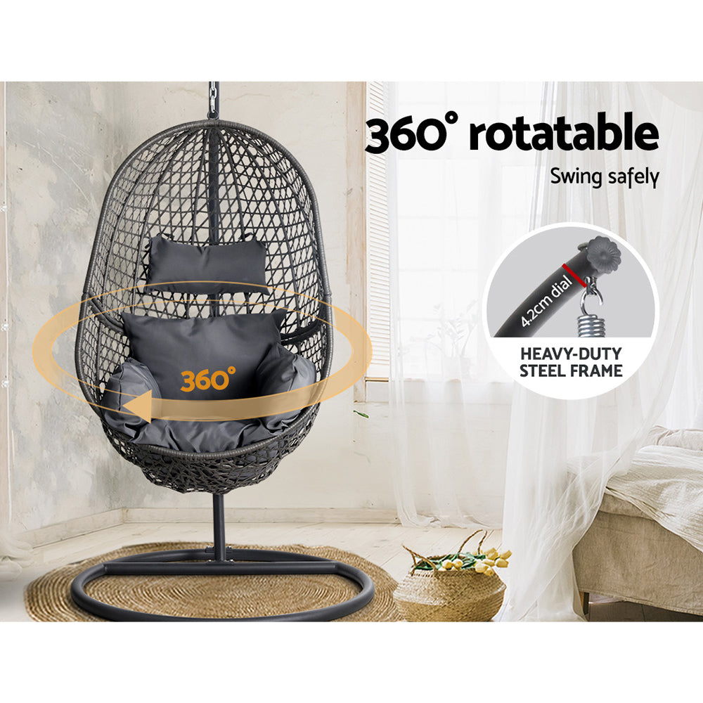 Gardeon Outdoor Egg Swing Chair Wicker Rattan Furniture Pod Stand Cushion Black
