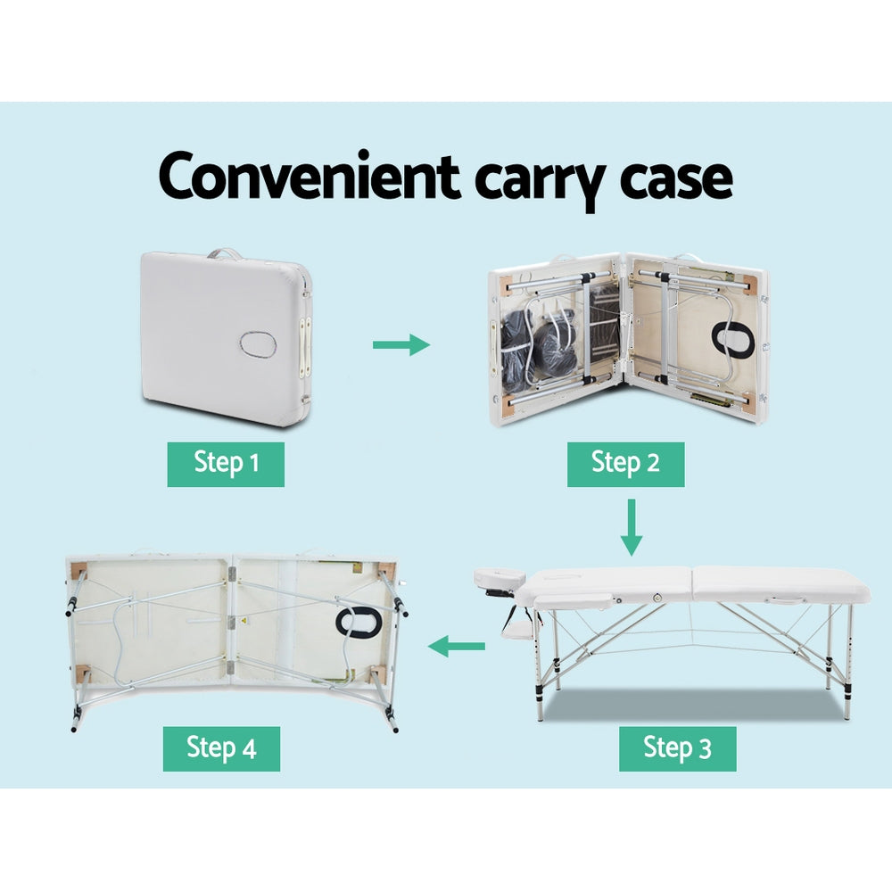 Zenses Massage Table 75cm 2 Fold Aluminium Massage Bed Portable Beauty Therapy White