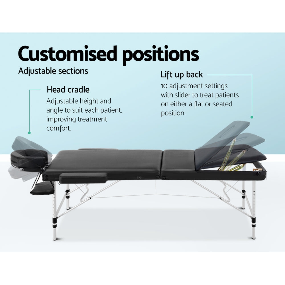 Zenses Massage Table 75cm 3 Fold Aluminium Beauty Bed Portable Therapy Black
