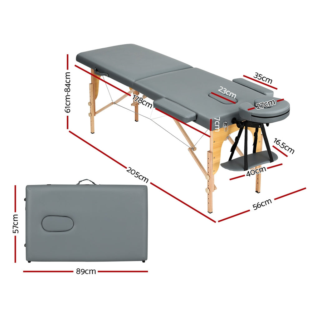 Zenses Massage Table 56CM Width 2Fold Portable Wooden Therapy Beauty Bed Grey