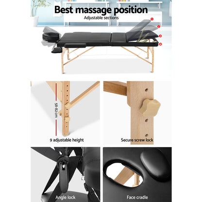 Zenses Massage Table 75cm 3 Fold Wooden Portable Beauty Therapy Bed Waxing Black